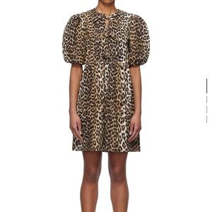 GANNI Animal Print Mini Dress in Black and Tan with Tie Strings